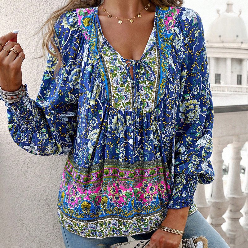 Wpmens Boho Chic Long Sleeve Blouse Floral Print V-Neck Top With Lace-Up & Drawstring Detail Elegant Vacation Shirt - Image 4