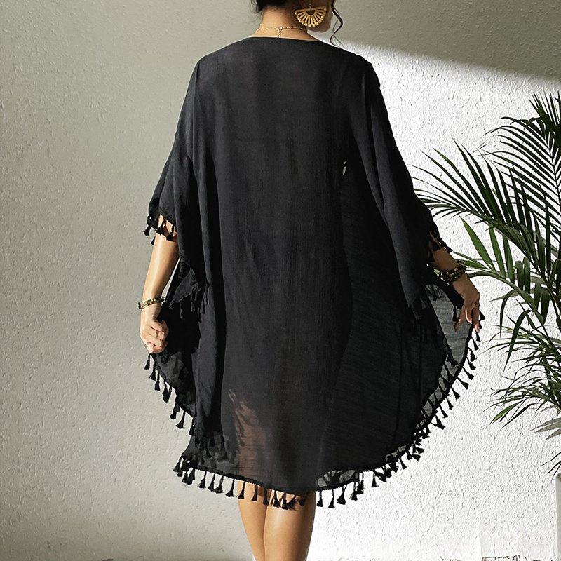 Sexy Tassel Trim Crochet Cover Up Women's Solid Color Beachwear, Summer Round Neck Boho Fashion Dress - Image 2