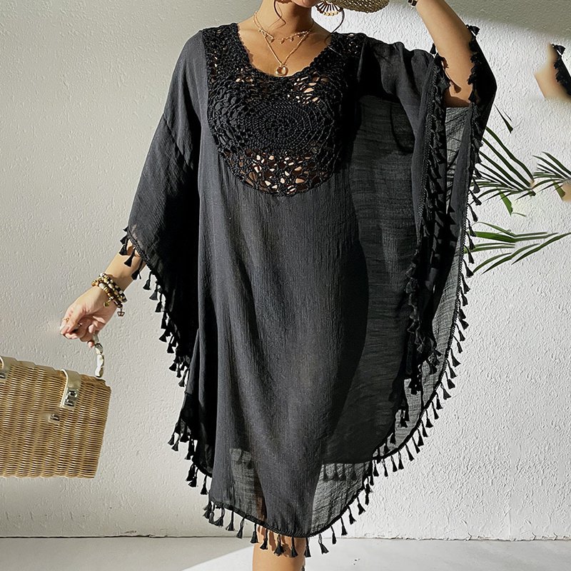 Sexy Tassel Trim Crochet Cover Up Women's Solid Color Beachwear, Summer Round Neck Boho Fashion Dress - Image 8