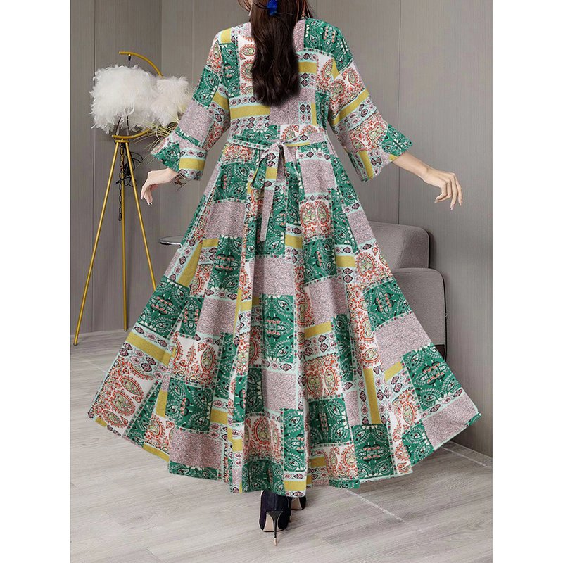 Women's Boho Maxi Dress 3 4 Sleeve V Neck Floral Embroidered Elegant A-Line Dress - Image 6