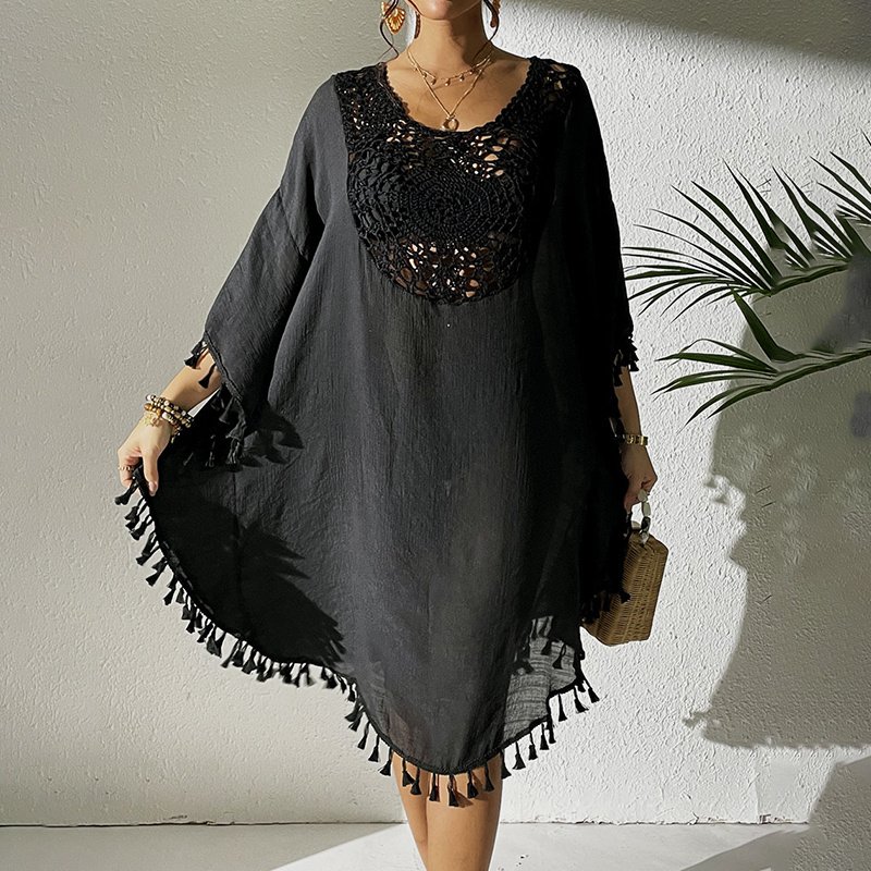 Sexy Tassel Trim Crochet Cover Up Women's Solid Color Beachwear, Summer Round Neck Boho Fashion Dress - Image 9