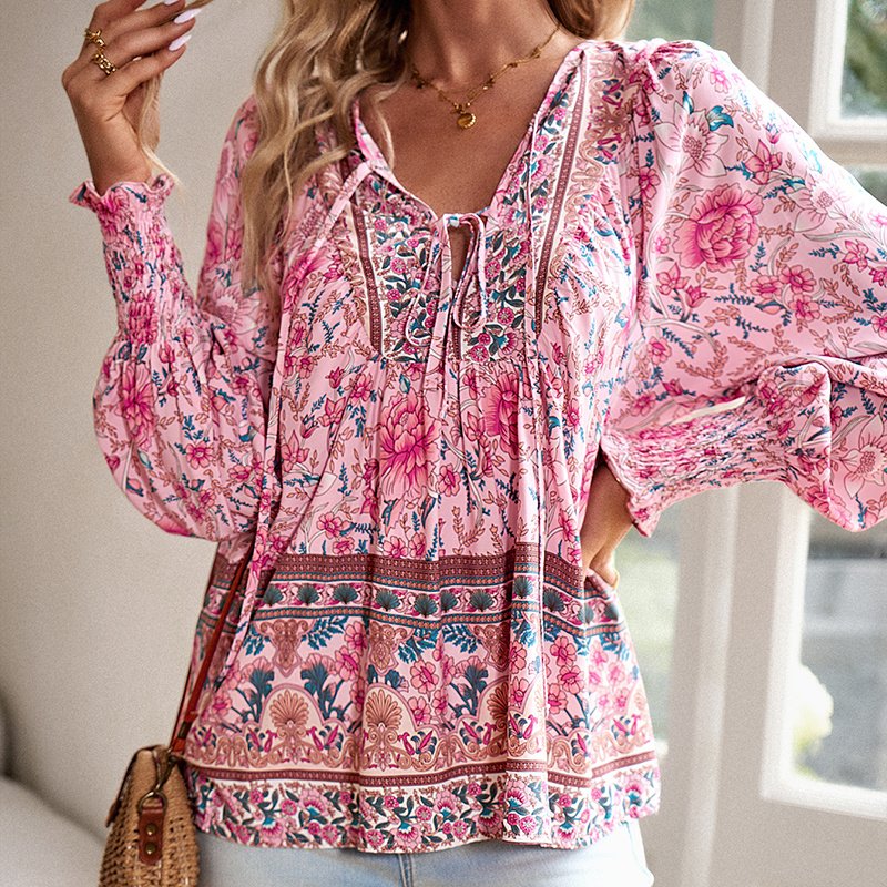 Wpmens Boho Chic Long Sleeve Blouse Floral Print V-Neck Top With Lace-Up & Drawstring Detail Elegant Vacation Shirt - Image 2
