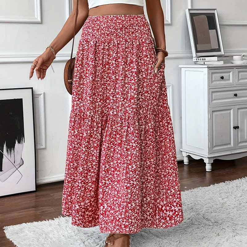 Women's Boho Floral Maxi Skirt - High Elastic Waist, Pleated A-Line Long Skirt - Image 9