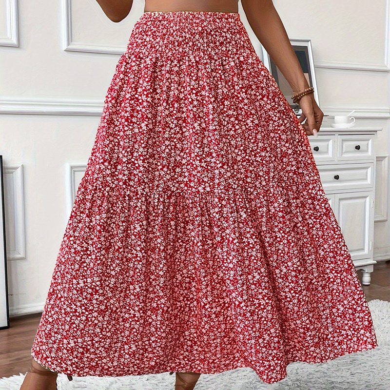 Women's Boho Floral Maxi Skirt - High Elastic Waist, Pleated A-Line Long Skirt - Image 8