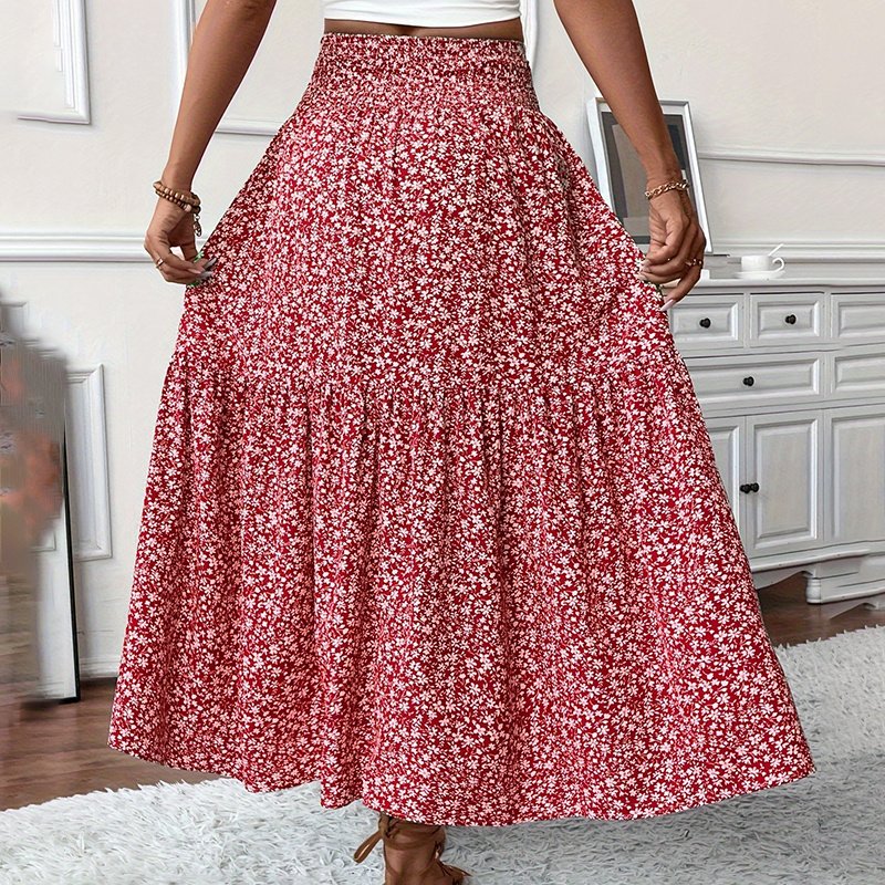 Women's Boho Floral Maxi Skirt - High Elastic Waist, Pleated A-Line Long Skirt - Image 3