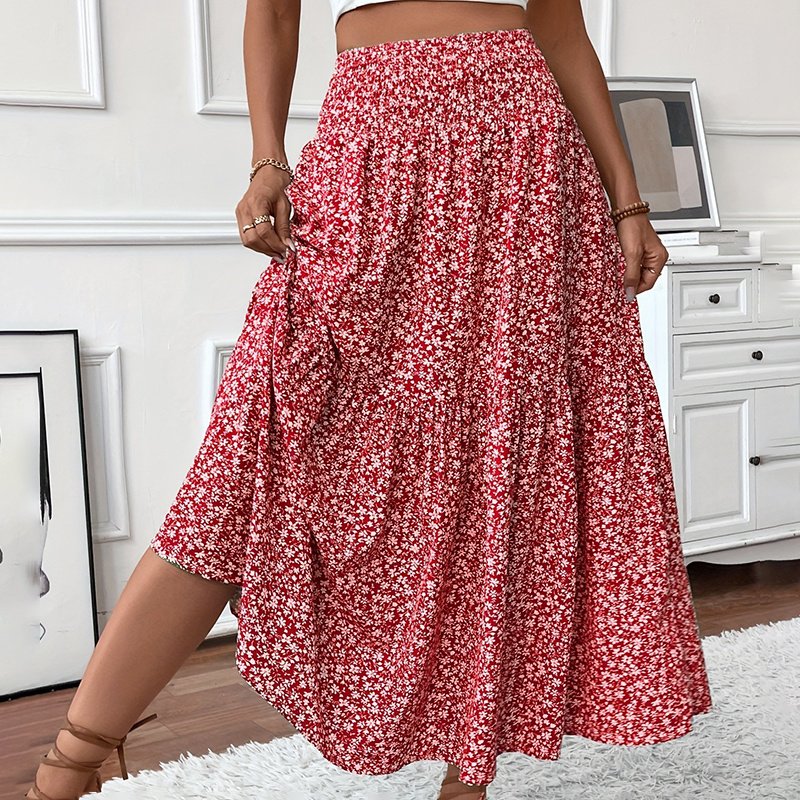 Women's Boho Floral Maxi Skirt - High Elastic Waist, Pleated A-Line Long Skirt - Image 5