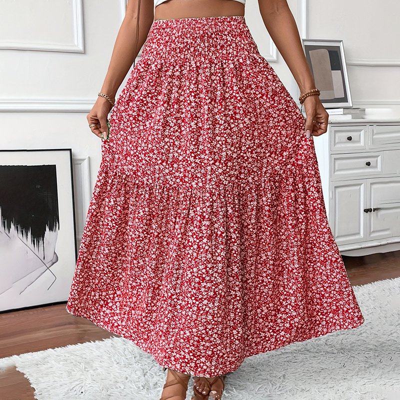 Women's Boho Floral Maxi Skirt - High Elastic Waist, Pleated A-Line Long Skirt - Image 6