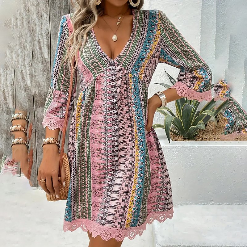 Women's V-Neck Print Dress - Lace Trim Summer Sundress, Casual Boho Chic Style - Image 9