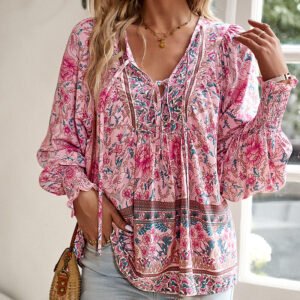 Wpmens Boho Chic Long Sleeve Blouse Floral Print V-Neck Top With Lace-Up & Drawstring Detail Elegant Vacation Shirt