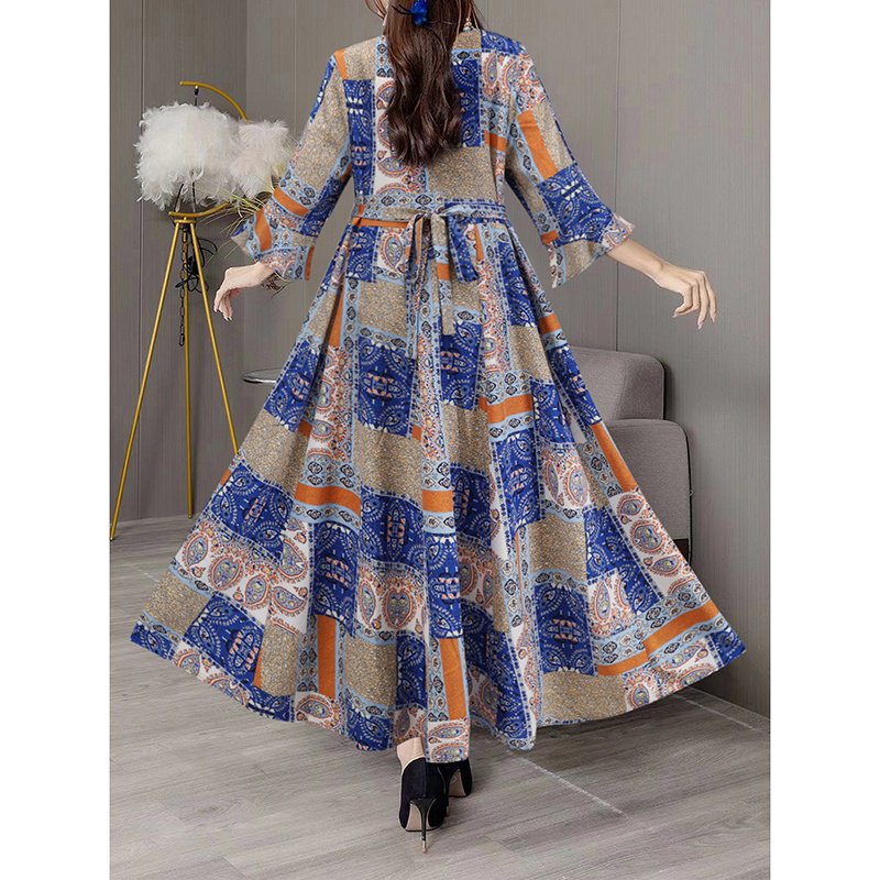 Women's Boho Maxi Dress 3 4 Sleeve V Neck Floral Embroidered Elegant A-Line Dress - Image 4