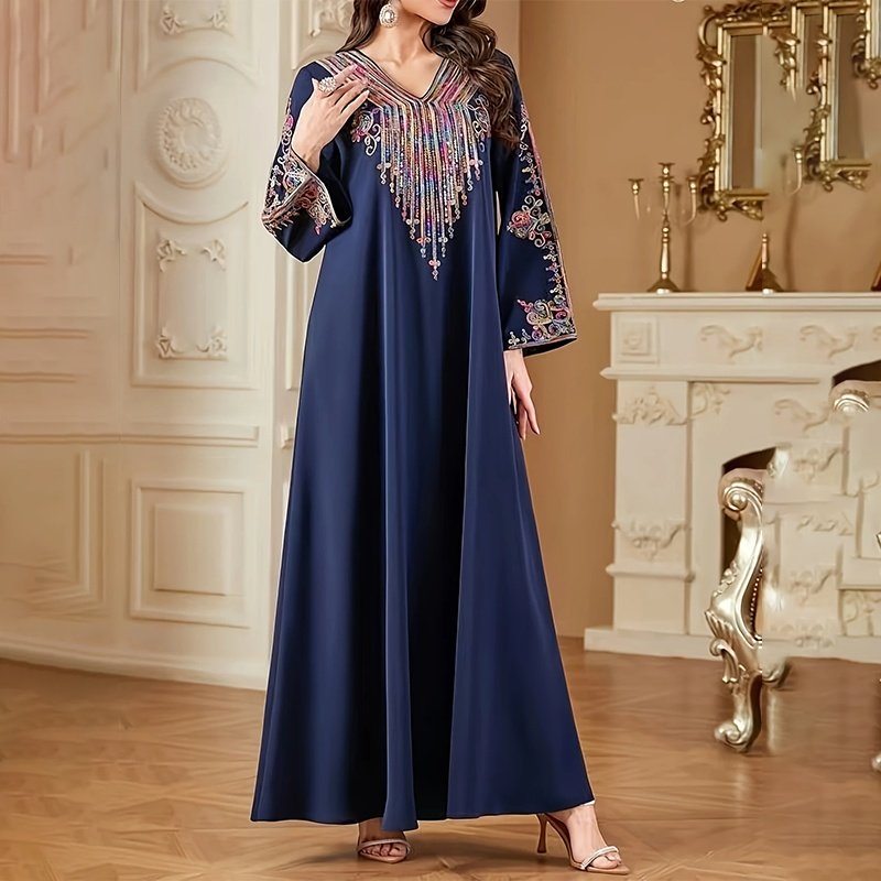 Women's Plus Size V-Neck Embroidered Print Boho Vintage Long Sleeve Maxi Dress For Vacation - Image 4