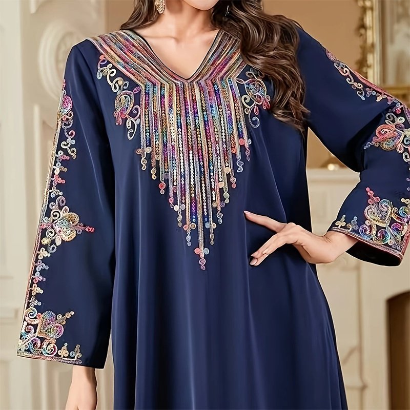 Women's Plus Size V-Neck Embroidered Print Boho Vintage Long Sleeve Maxi Dress For Vacation - Image 6