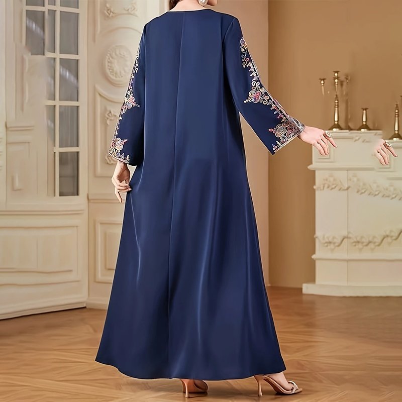 Women's Plus Size V-Neck Embroidered Print Boho Vintage Long Sleeve Maxi Dress For Vacation - Image 3