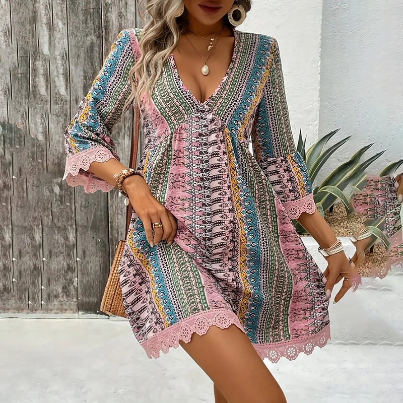 Women's V-Neck Print Dress - Lace Trim Summer Sundress, Casual Boho Chic Style - Image 10