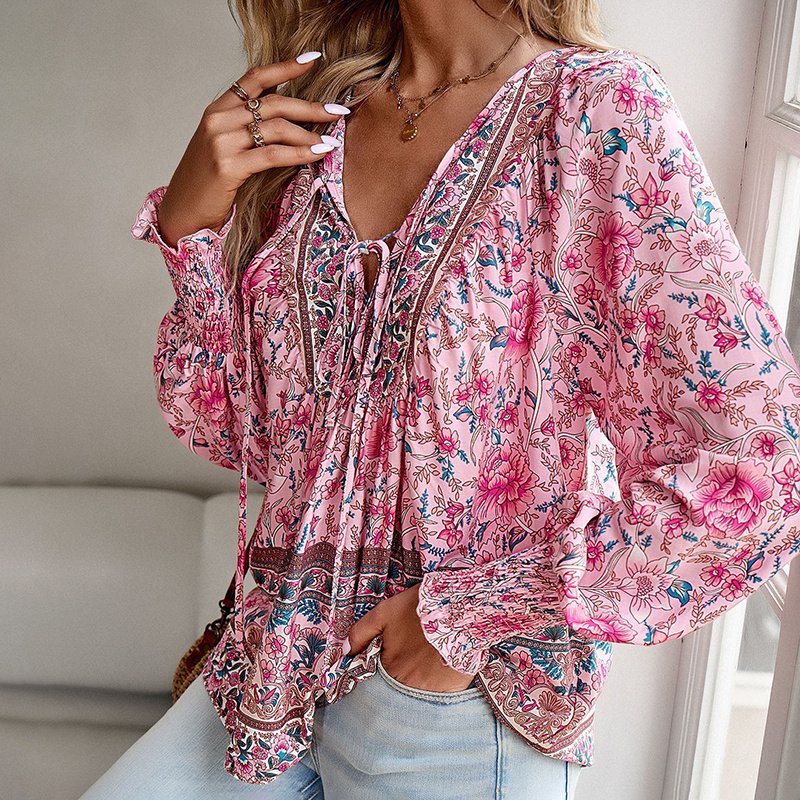 Wpmens Boho Chic Long Sleeve Blouse Floral Print V-Neck Top With Lace-Up & Drawstring Detail Elegant Vacation Shirt - Image 3