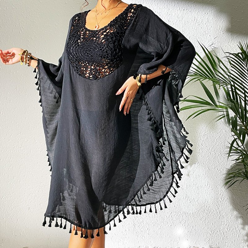 Sexy Tassel Trim Crochet Cover Up Women's Solid Color Beachwear, Summer Round Neck Boho Fashion Dress - Image 4