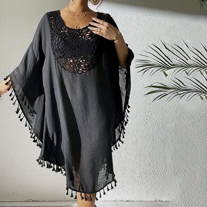 Sexy Tassel Trim Crochet Cover Up Women's Solid Color Beachwear, Summer Round Neck Boho Fashion Dress - Image 6
