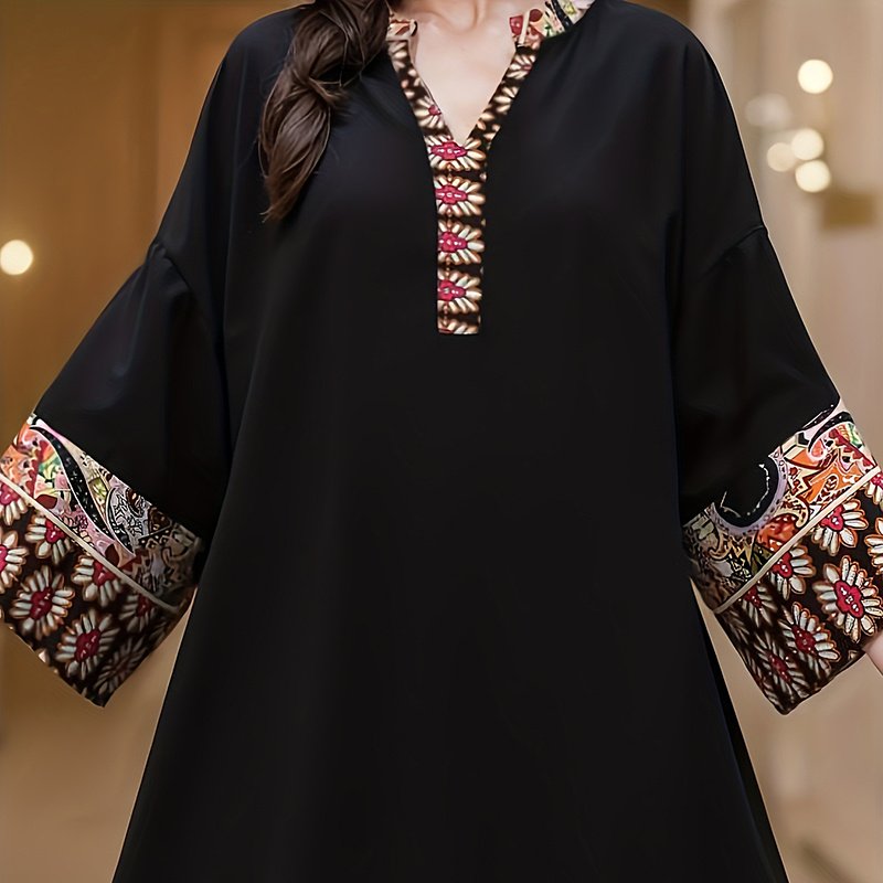 Women's Summer Plus Size Ethnic Print Dress Boho Casual Notched V Neck Long Sleeve Maxi Dress - Image 3