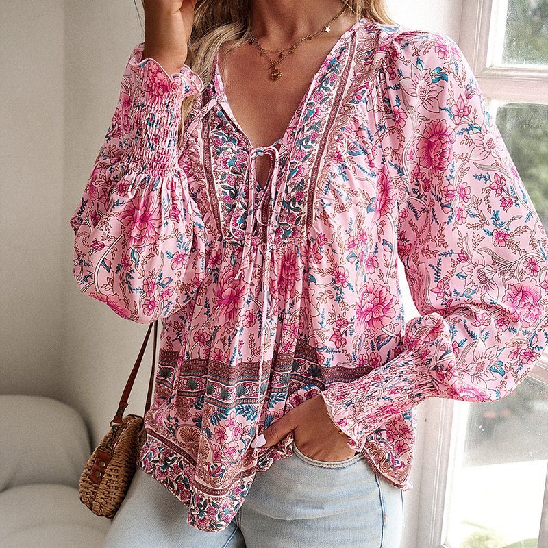 Wpmens Boho Chic Long Sleeve Blouse Floral Print V-Neck Top With Lace-Up & Drawstring Detail Elegant Vacation Shirt - Image 9