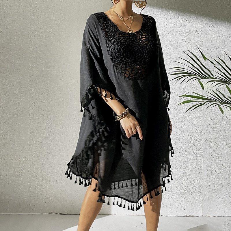 Sexy Tassel Trim Crochet Cover Up Women's Solid Color Beachwear, Summer Round Neck Boho Fashion Dress - Image 7