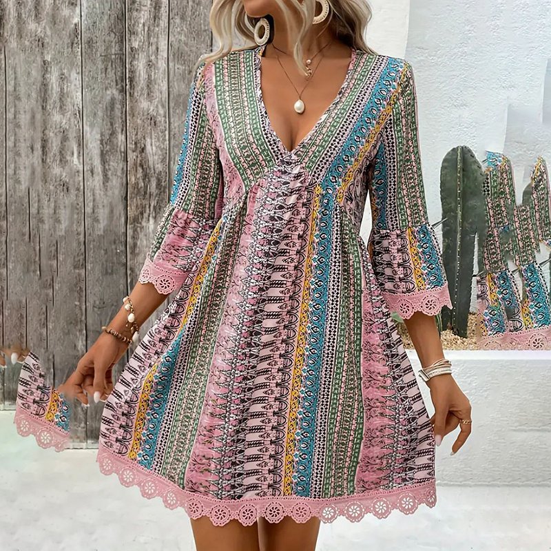 Women's V-Neck Print Dress - Lace Trim Summer Sundress, Casual Boho Chic Style - Image 4