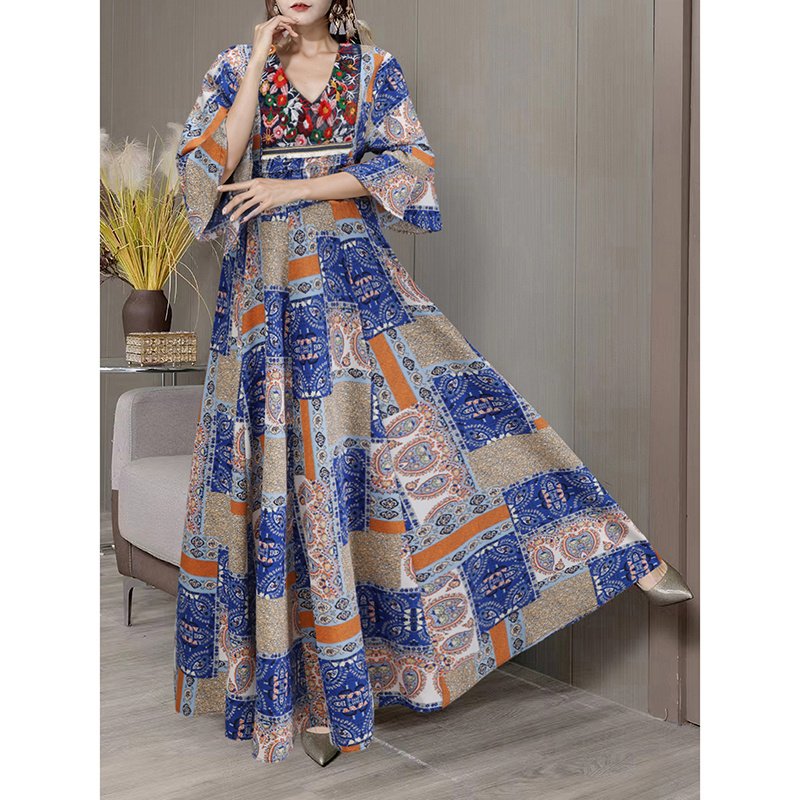 Women's Boho Maxi Dress 3 4 Sleeve V Neck Floral Embroidered Elegant A-Line Dress - Image 7