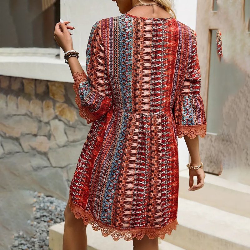 Women's V-Neck Print Dress - Lace Trim Summer Sundress, Casual Boho Chic Style - Image 2