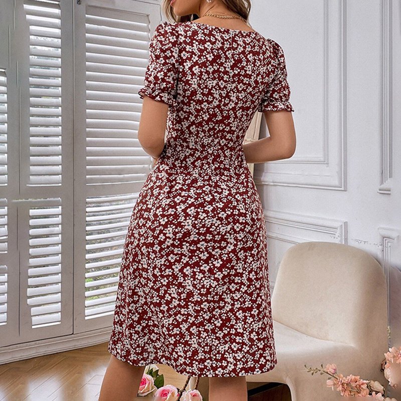 Women's Puff Sleeve Floral Midi Dress Elegant Square Neck Boho Side Split Dresses - Image 10