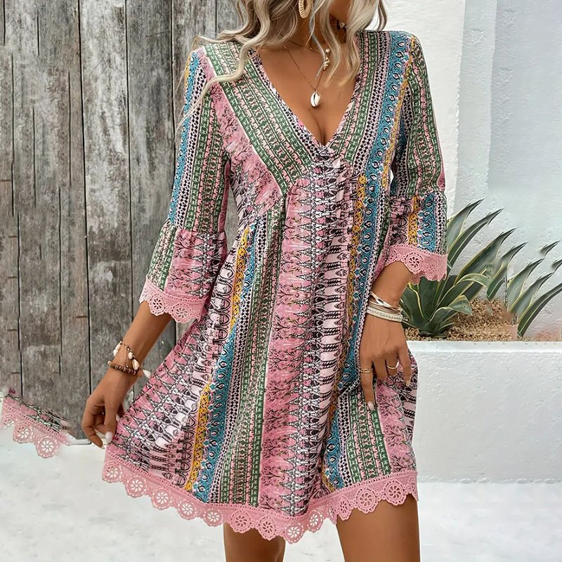 Women's V-Neck Print Dress - Lace Trim Summer Sundress, Casual Boho Chic Style - Image 8