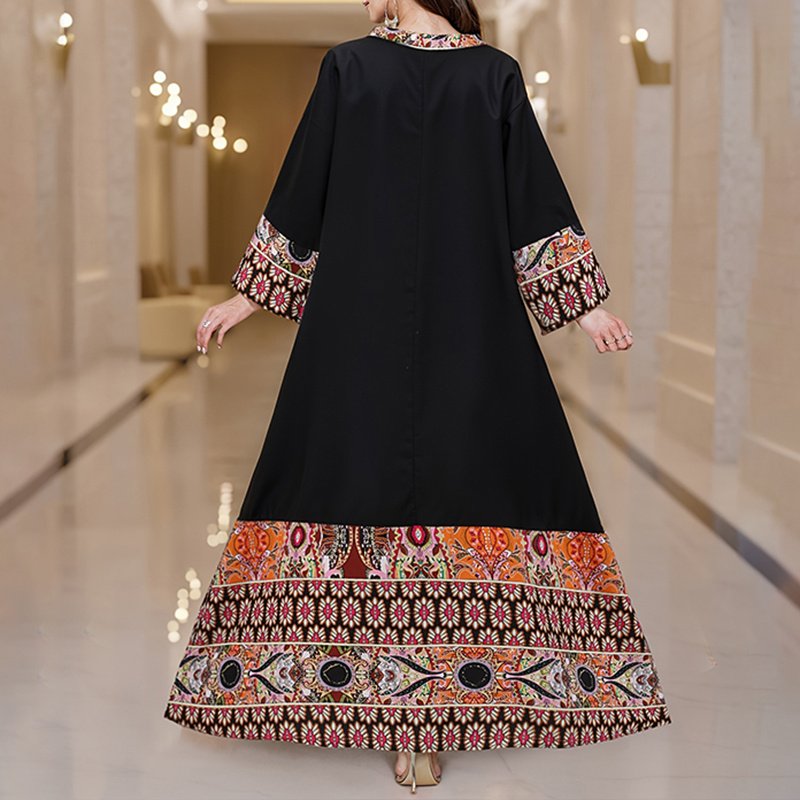 Women's Summer Plus Size Ethnic Print Dress Boho Casual Notched V Neck Long Sleeve Maxi Dress - Image 2