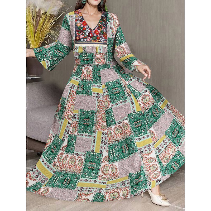 Women's Boho Maxi Dress 3 4 Sleeve V Neck Floral Embroidered Elegant A-Line Dress - Image 3