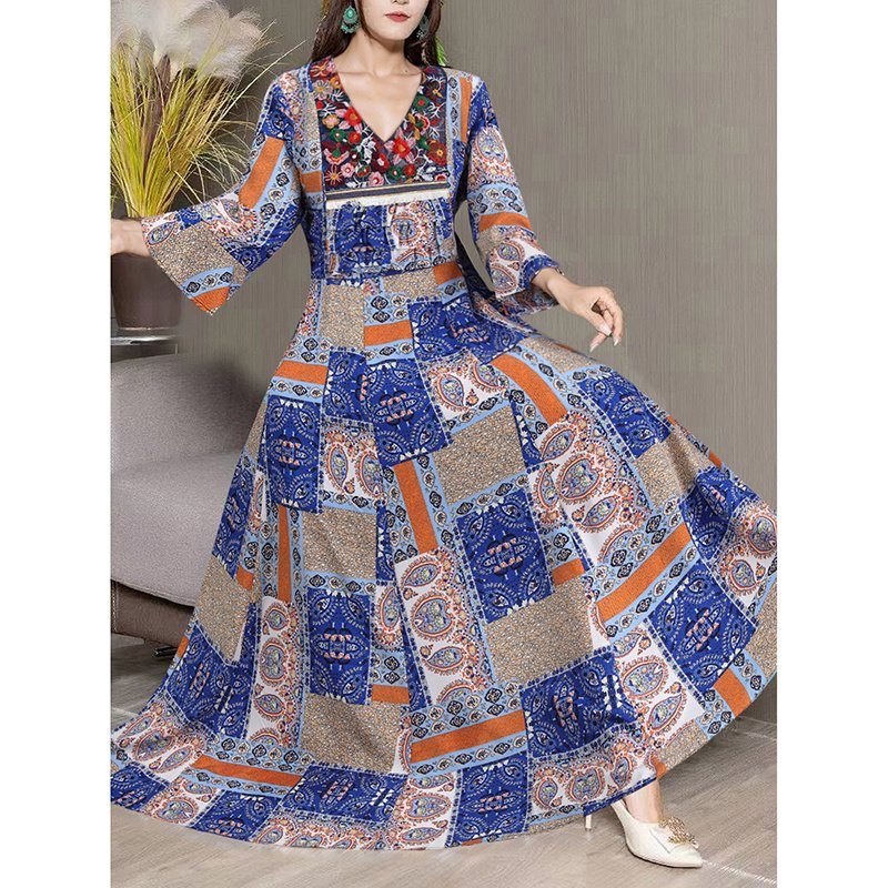 Women's Boho Maxi Dress 3 4 Sleeve V Neck Floral Embroidered Elegant A-Line Dress - Image 2