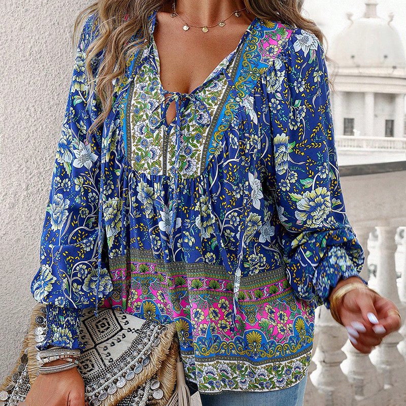 Wpmens Boho Chic Long Sleeve Blouse Floral Print V-Neck Top With Lace-Up & Drawstring Detail Elegant Vacation Shirt - Image 7