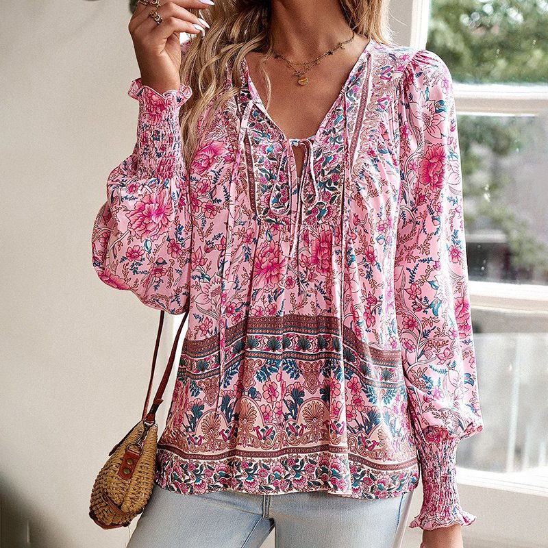 Wpmens Boho Chic Long Sleeve Blouse Floral Print V-Neck Top With Lace-Up & Drawstring Detail Elegant Vacation Shirt - Image 8