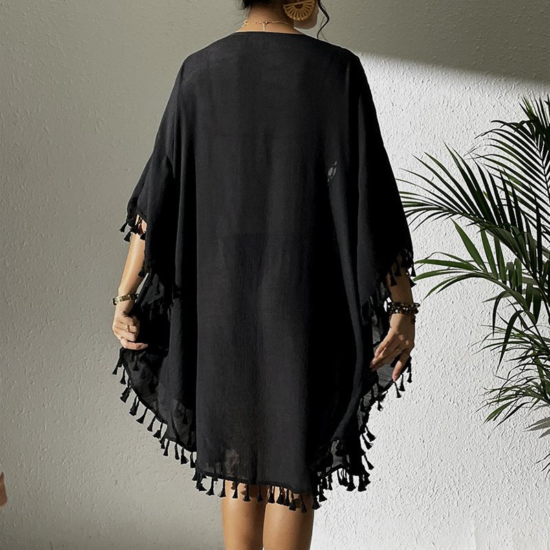 Sexy Tassel Trim Crochet Cover Up Women's Solid Color Beachwear, Summer Round Neck Boho Fashion Dress - Image 3