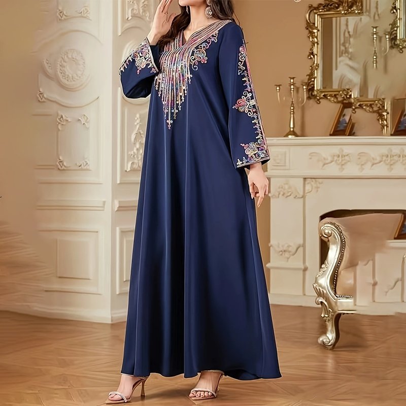 Women's Plus Size V-Neck Embroidered Print Boho Vintage Long Sleeve Maxi Dress For Vacation - Image 5