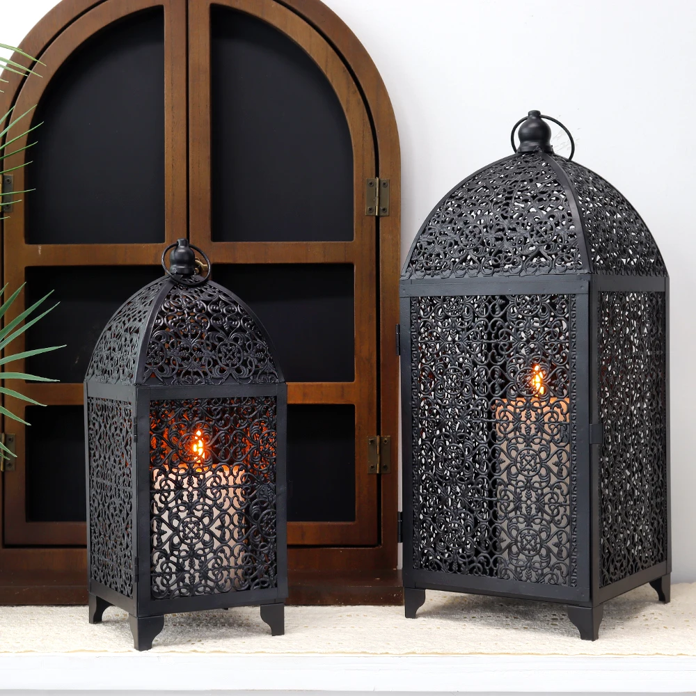 2Pcs Metal Candle Holder Black Candle Lantern Decorative Hanging Lantern with Hollow Pattern for Party Garden Indoors Outdoors - Image 4