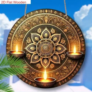 2D Flat One Piece Wooden Traditional Oil Lamp And Artistic Painted Design Happy Diwali Round Sign for Decorating Home Bedroom Li