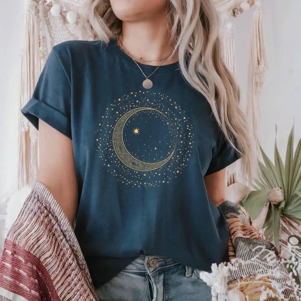 Mystic Moon Phase Celestial Gold Crescent Moon Tee Witchcore Spiritual Graphic T-Shirt for Women Y2K Top Daily Trendy Streetwear - Image 6