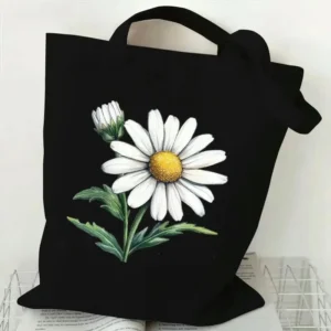 Black Canvas Tote Bag with Chamomile Flower Stylish Casual Shoulder Handbag for Shopping, Daily Use & Gifts, Shopping Handbag