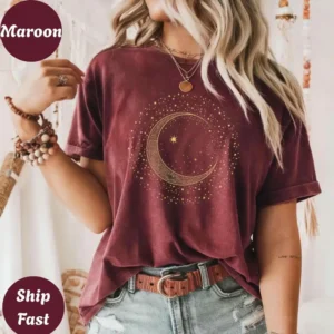 Mystic Moon Phase Celestial Gold Crescent Moon Tee Witchcore Spiritual Graphic T-Shirt for Women Y2K Top Daily Trendy Streetwear