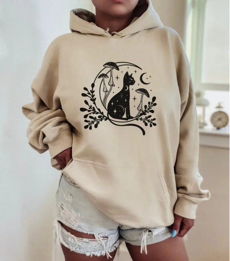 Celestial Cat Hoodie Womens Hoodie Moon Hoodie Yoga Sweatshirt Spiritual Hoodie Witchy Women Cute Hoodie Autumn Winter 2025