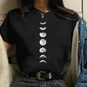 Funny Cute Moon Space Women Casual Print T-shirt Girl Summer O Neck Tops Y2k Tee Female Anime Harajuku Clothes Streetwear