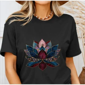 ‌Lotus Flower Yoga Women Cotton T-shirt Buddhist Zen Meditation Tee Vintage Floral Print Spiritual Streetwear Boho Gift Tops