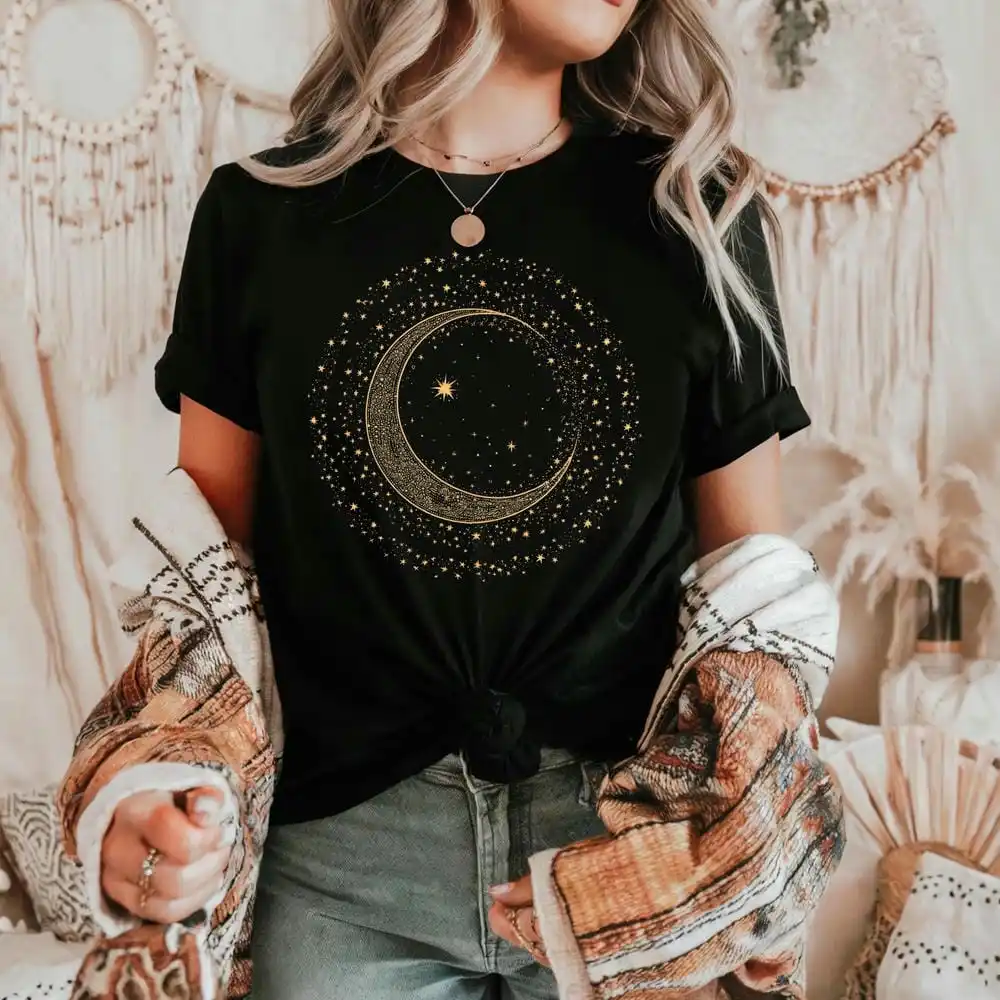 Mystic Moon Phase Celestial Gold Crescent Moon Tee Witchcore Spiritual Graphic T-Shirt for Women Y2K Top Daily Trendy Streetwear - Image 2