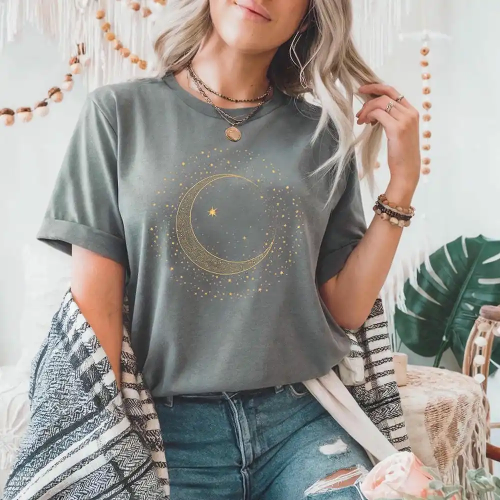 Mystic Moon Phase Celestial Gold Crescent Moon Tee Witchcore Spiritual Graphic T-Shirt for Women Y2K Top Daily Trendy Streetwear - Image 4
